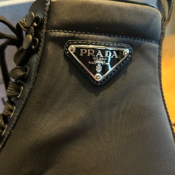 Prada Black Leather and Nylon Lace-up and Zip- up Winter Snow and Dress Boots - Picture 2 of 14